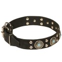 GSD Collar Leather, Blue Stones and Silver-Like Decor