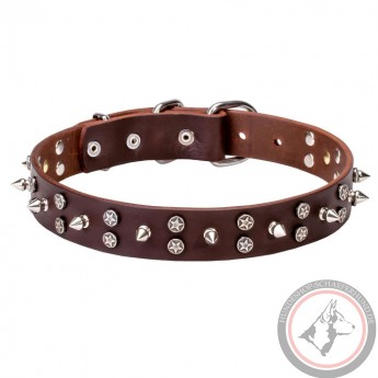 3 Rows Leather Dog Collar with Nickel Spikes