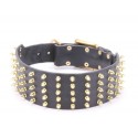 GSD Collar, Extra Wide Leather, 5 Rows of Brass Spikes