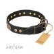 German Shepherd Collar Black Leather "Golden Radiance" Artisan