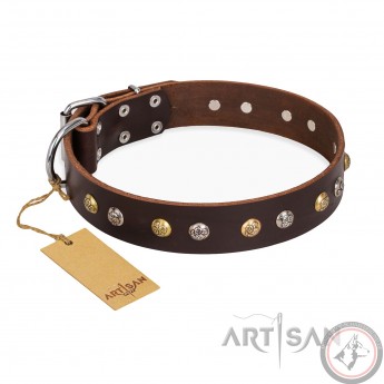 German Shepherd Collar Brown Leather "Rare Flower" FDT Artisan